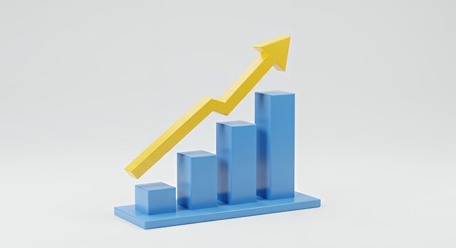 Ascending Growth Chart: 3D Render of Upward Trending Bar Graph with Yellow Arrow Illustrating Positive Financial Progress and Business Success