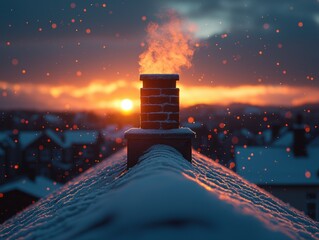 Snowy rooftop chimney at sunset. Orange-hued sky. Steam from chimney. Winter scene