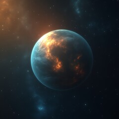 Fototapeta premium Fiery, vibrant exoplanet in deep space. A celestial sphere, glowing with fiery orange and icy blue hues, amidst a sea of stars. A captivating view of a distant world