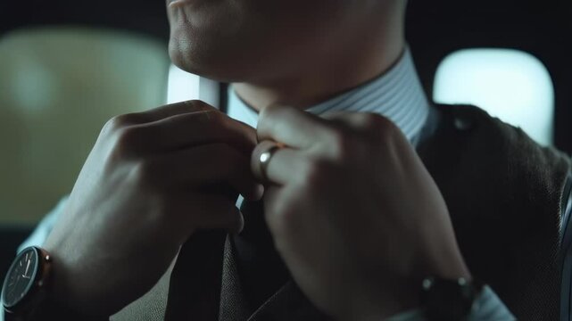 Sophisticated gentleman adjusting his attire in a classic vehicle, showcasing refinement