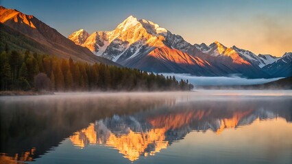 Majestic snow capped mountain peaks illuminated by golden sunrise reflecting in a misty lake