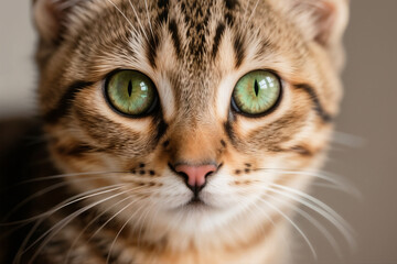 Intense Close-up Portrait of Tabby Cat with Green Eyes
