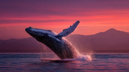 Fototapeta premium Humpback whale leaping sunset ocean
