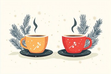 Flat Cartoon Coffee Break Illustration for Winter Greeting Cards