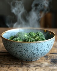 Steaming broccoli in a speckled, light-blue bowl on a rustic wooden table