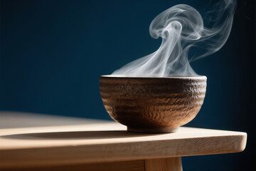 Steaming Ceramic Bowl of Hot Soup or Tea on a Wooden Table