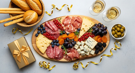 A Culinary Symphony: A visually enticing composition, where a wooden platter overflows with an array of gourmet meats, cheeses, fruits, and accompaniments.