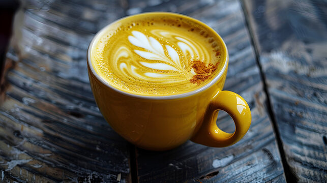 Golden milk latte art in a yellow mug on a rustic wooden table offers a warm and inviting beverage experience. - Powered by Adobe