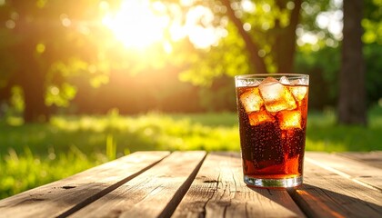 A refreshing glass of cola with ice cubes and sparkling bubbles, condensation forming on the outside of the glass. This image was generated using AI.