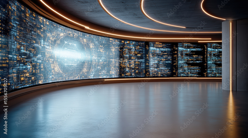 Poster futuristic control room with curved screens displaying digital data and glowing lights