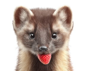 Cute pine marten holding a strawberry
