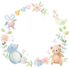 Fototapeta premium watercolor baby shower invitation frame with toys