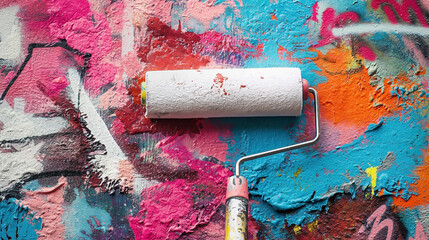 A pristine paint roller is mid-stroke across a richly textured wall filled with graffiti art - Generative AI