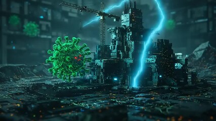 Futuristic cityscape with virus and construction activity - Powered by Adobe