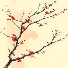 Elegant red blossoms on delicate branches against a soft, watercolor background