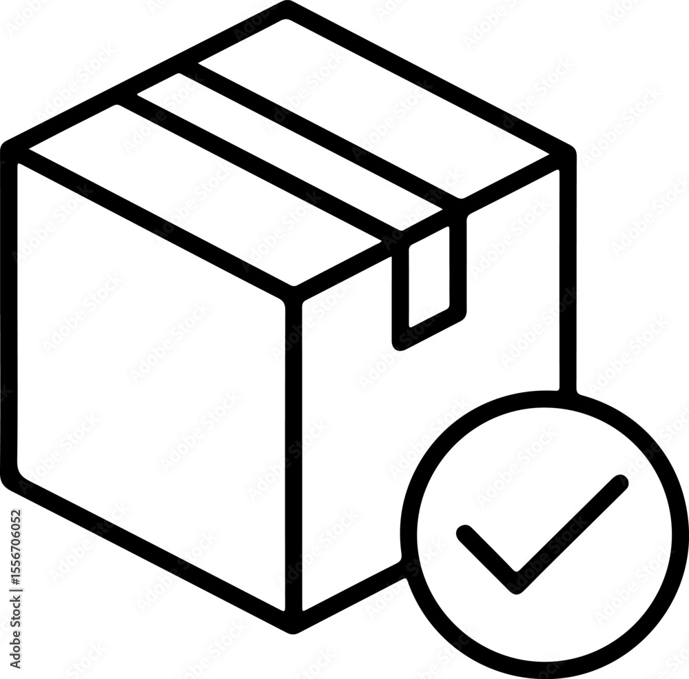 Poster isometric line art icon of a shipping box with a checkmark indicating completion