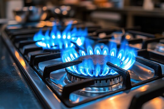 Two gas burners on a stovetop, ablaze with bright blue flames - Powered by Adobe