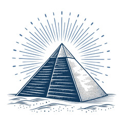 Isolated pyramid, ascending digital rays background. Futuristic, modern, technological ascent concept art.