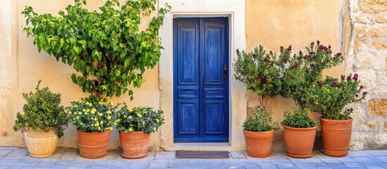 Naklejka premium Charming Mediterranean entrance with cobalt blue door and lush potted greenery