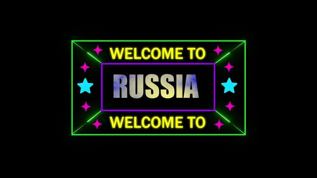 Welcome to RUSSIA animation.hit effect on a black screen transparent background Alpha channel.