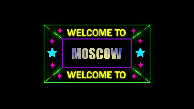 Welcome to MOSCOW animation.hit effect on a black screen transparent background Alpha channel.