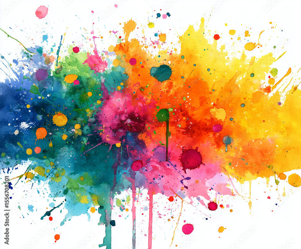 Poster colorful ink splatter art with vibrant hues and dynamic patterns, creating energetic and lively atmo