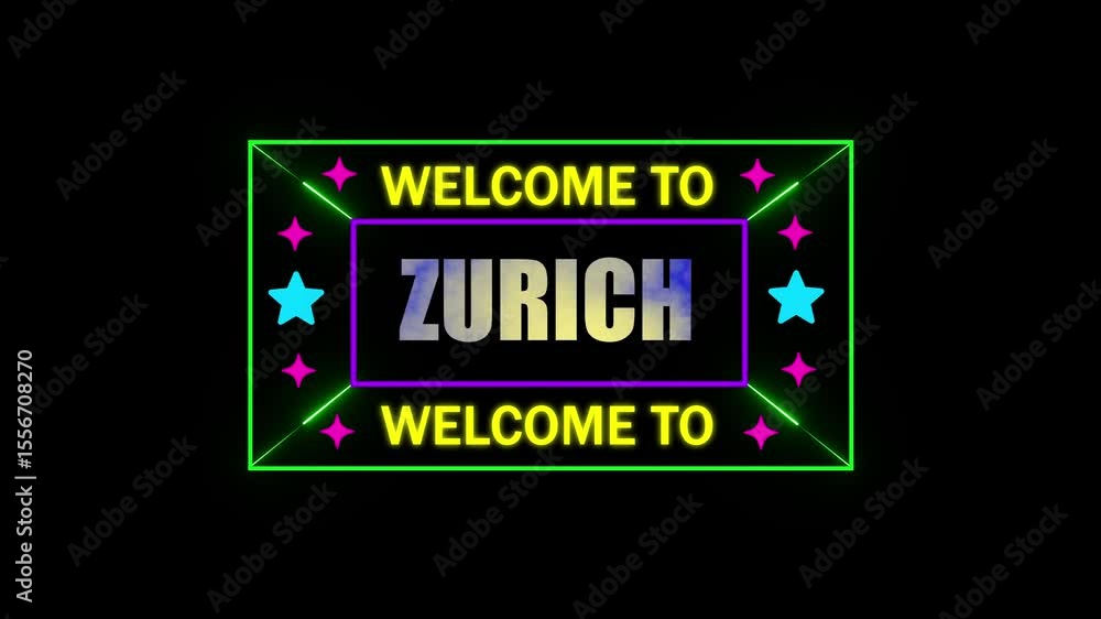 Poster welcome to zurich animation.hit effect on a black screen transparent background alpha channel.