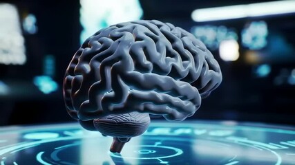 Hyper-realistic 3D brain model on a futuristic interface with digital elements and glowing lights - Powered by Adobe