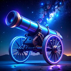 Sci-fi cannon positioned against a stunning galaxy background with neon blue glow effects
