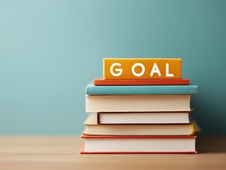  An inviting stack of books, topped with a bold 'GOAL' sign, embodies the power of learning and focus in achieving aspirations.Generative ai illustration