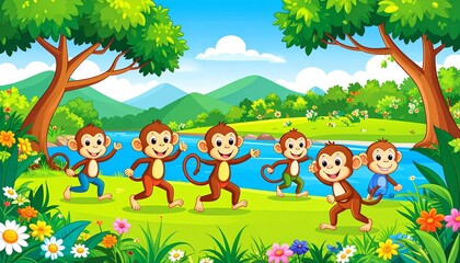 Fototapeta premium Fun-loving monkeys playing along a riverbank in a vibrant jungle setting full of life