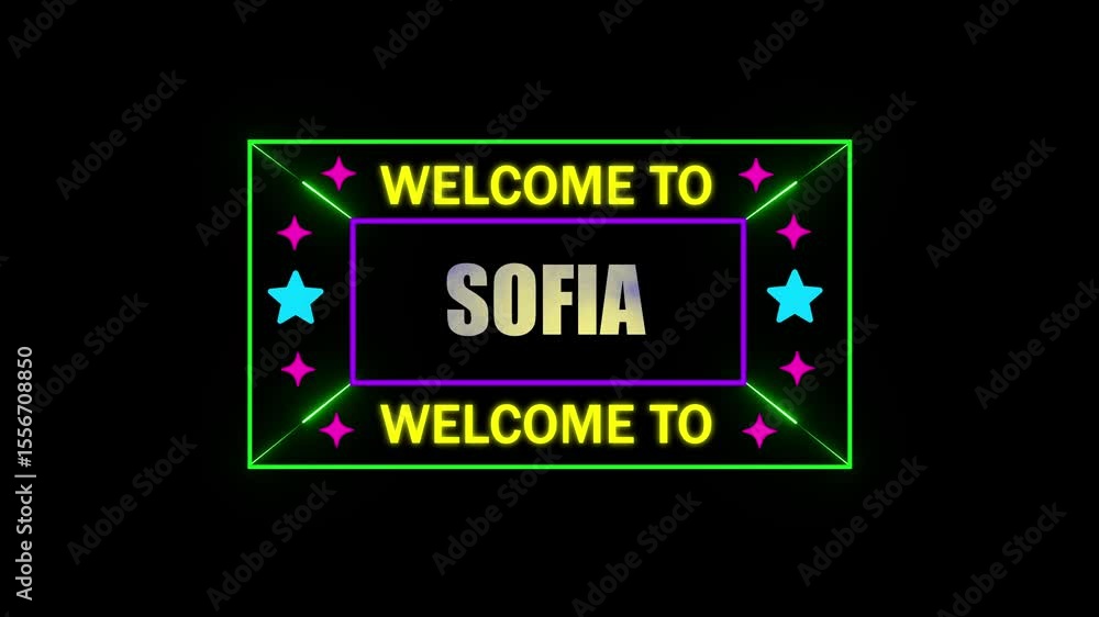 Poster welcome to sofia animation.hit effect on a black screen transparent background alpha channel.