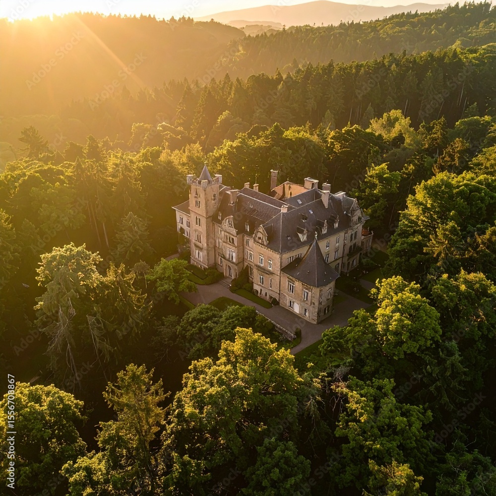 Poster beautiful house embraced by trees captured from above with stunning forest background view