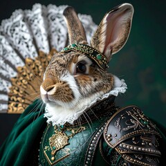 Dashing rabbit dressed up as a king in leather armor with lace fan gothic art style