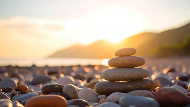 Balanced stones sunset beach