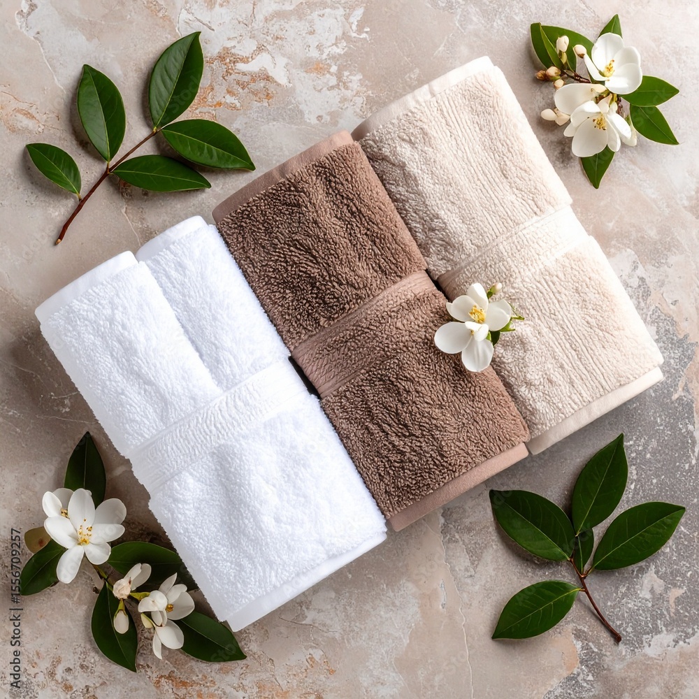 Poster soft towels and delicate flowers on a rustic table with warm desert hues and softness