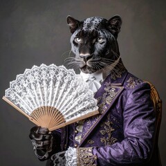 Elegant cat dressed as a gentleman in a tweed suit holding a lace fan in renaissance style