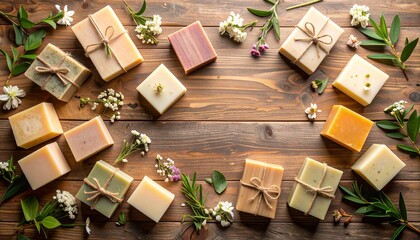 Charming arrangement of soaps and colorful flowers on a rustic wooden table surface