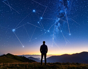 A lone figure stands on a hilltop overlooking a valley at sunset, gazing up at a breathtaking night sky filled with stars and constellations connected by glowing lines, symbolizing wonder, connection,