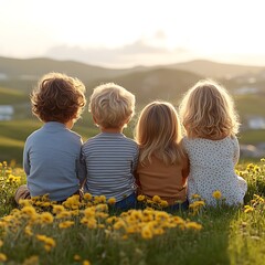 Four children sitting in a meadow, backs to the viewer, enjoying the scenery