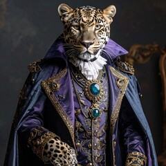 Regal tiger dressed in royal attire with opal brooch in unique gothic artistic style