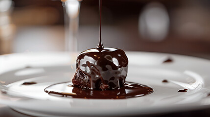 Decadent chocolate lava cake with warm chocolate sauce drizzled over a rich, delicious dessert on a white plate.