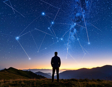 A lone figure stands on a hilltop overlooking a valley at sunset, gazing up at a breathtaking night sky filled with stars and constellations connected by glowing lines, symbolizing wonder, connection,