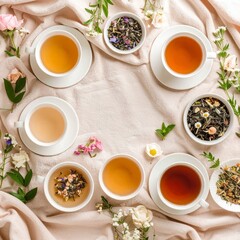 Fresh flat lay of herbal teas and flowers on a soft pink background creating a cozy aesthetic