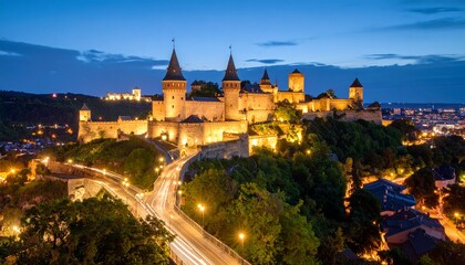 Fototapeta premium Lively night cityscape illuminated with lights and a majestic castle in the background