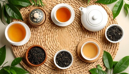 Charming tray with cups of tea perfectly arranged on a natural rattan background