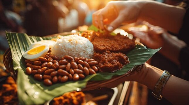 4K Nasi Lemak Traditional Malaysian Street Food Eaten by Hand