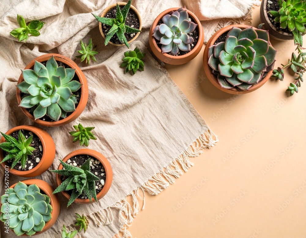Poster cozy table display featuring succulent plants with a blanket on warm canvas base for charm