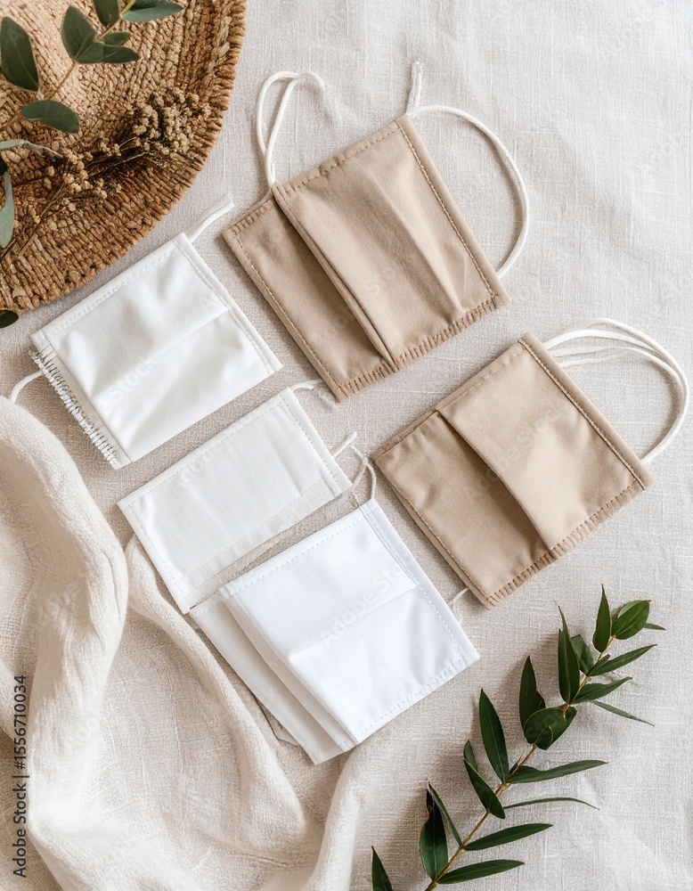 Poster white cloth displaying three face masks in a balanced arrangement on soft linen surface