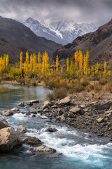 A breathtaking view of a serene mountain valley in autumn, featuring a crystal-clear river winding...